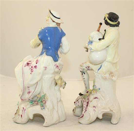 A near pair of Bow figures of musicians, c.1758, 22cm and 23cm, slight restorations